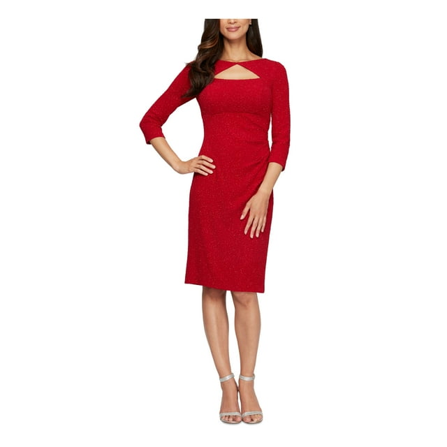ALEX EVENINGS Womens Red 3/4 Sleeve Knee Length Sheath Cocktail Dress ...