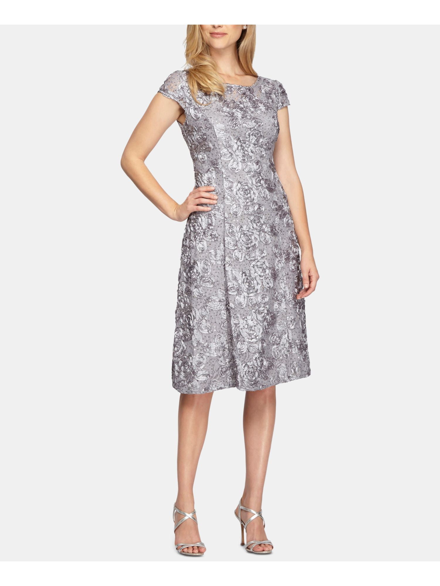 ALEX EVENINGS Womens Silver Cap Sleeve Tea-Length A-Line Cocktail Dress 10  - Walmart.com