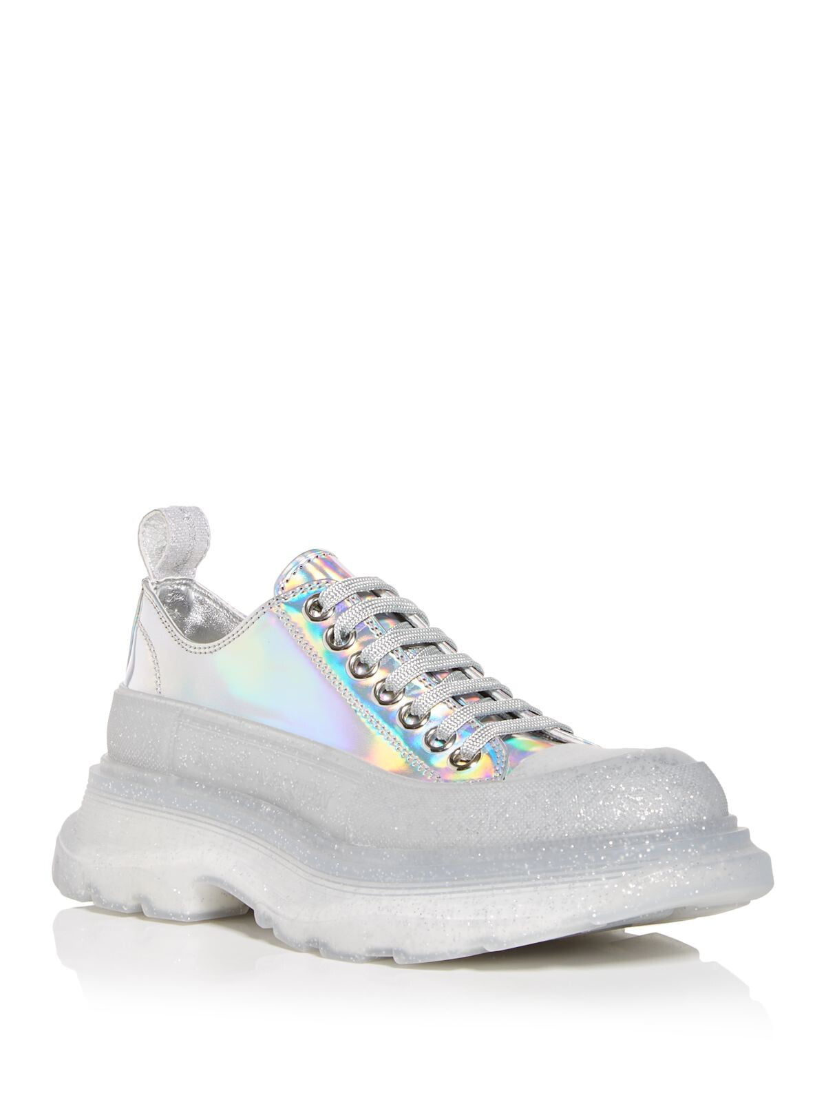 ALEXANDER MCQUEEN Womens Silver Iridescent Translucent Pull-Tab Glitter  Logo Cap Toe Block Heel Lace-Up Sneakers Shoes 39.5