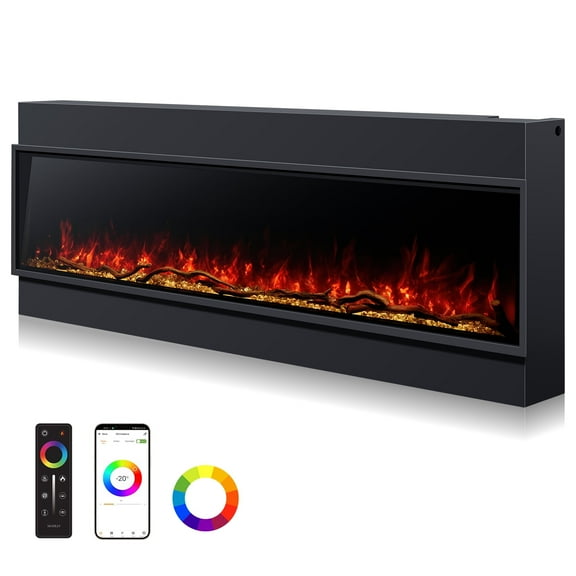 ALEXENT Recessed 80"black Electric Fireplace WiFi Remote Wall Mount flame Color