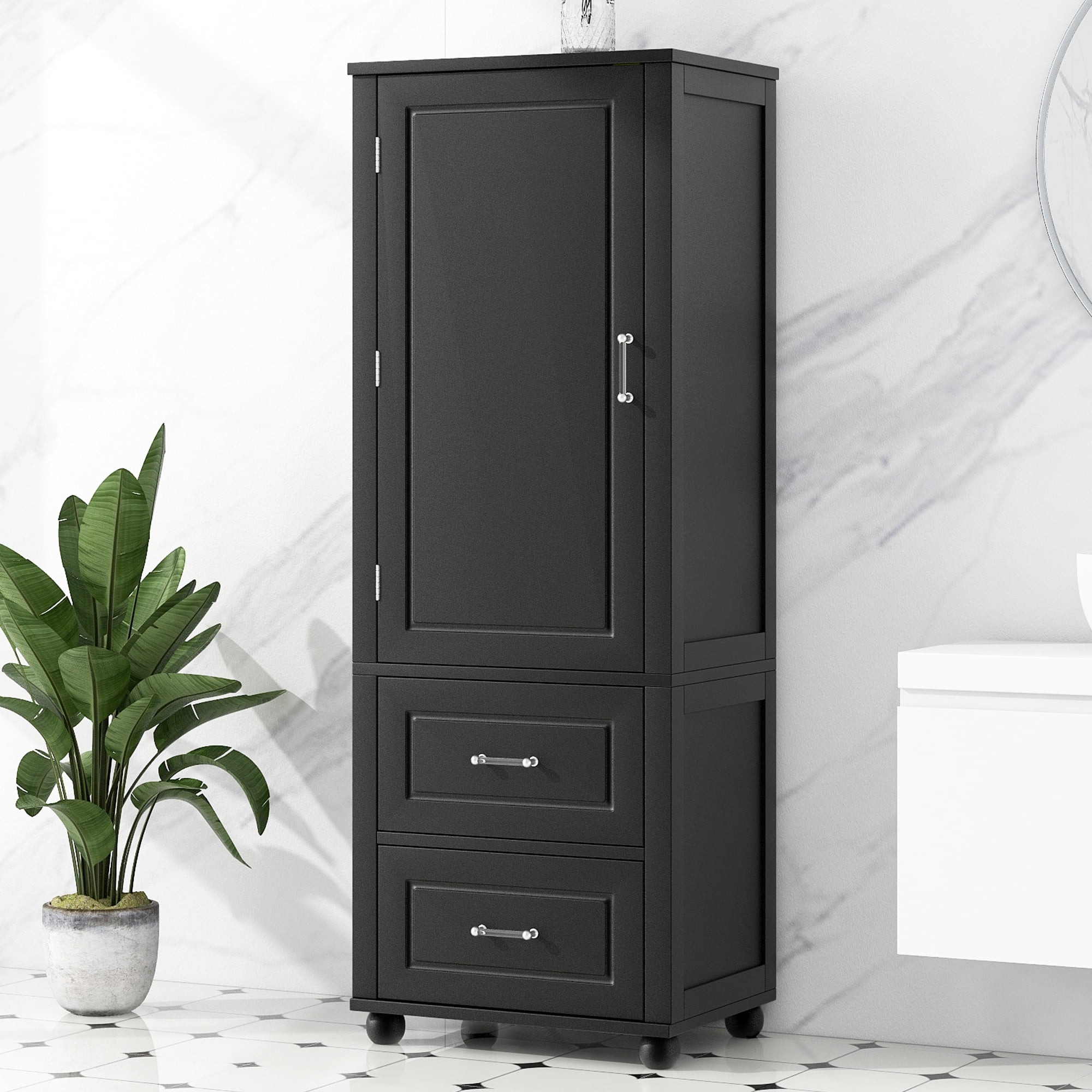 ALEXLOGER 61.4" Tall Bathroom Storage Cabinet with 1 Doors and 2 Drawer, Freestanding Linen Cabinet, Wooden Pantry with Adjustable Shelf for Kitchen, Bathroom, Living Room