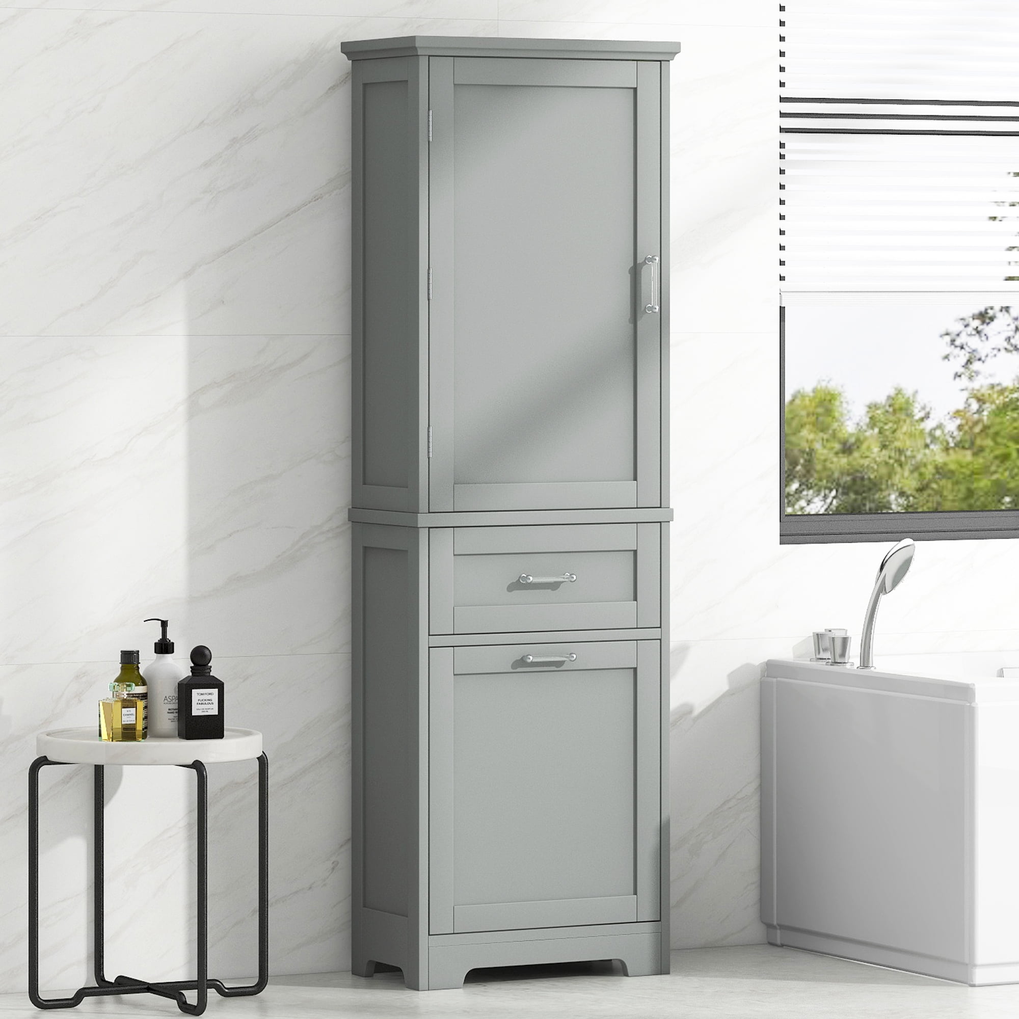 ALEXLOGER 68.1"/68.4" Tall Bathroom Storage Cabinet with 1 Door and 2 Drawers, Freestanding Linen Cabinet, Wooden Pantry with Adjustable Shelf for Kitchen, Bathroom, Living Room