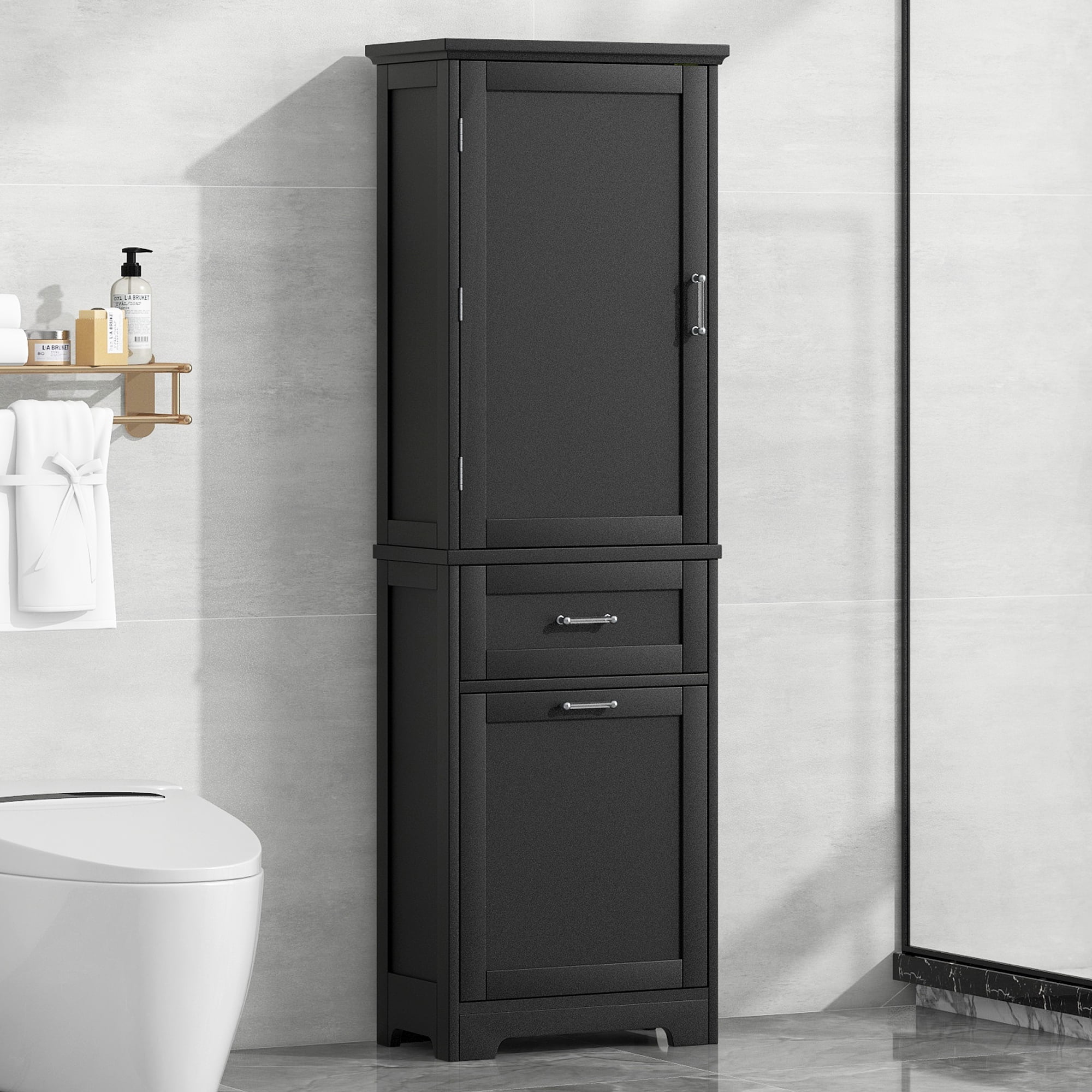 ALEXLOGER 68.1"/68.4" Tall Bathroom Storage Cabinet with 1 Door and 2 Drawers, Freestanding Linen Cabinet, Wooden Pantry with Adjustable Shelf for Kitchen, Bathroom, Living Room