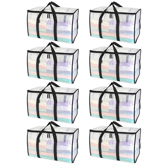 8 Pack Extra Heavy Duty Large Moving Bags, 24 Gallon Clear Clothes Storage Bags with Strong Zipper, Comfortable Handles and Tag Pocket for Moving, Packing, College Dorm, Closet Storage