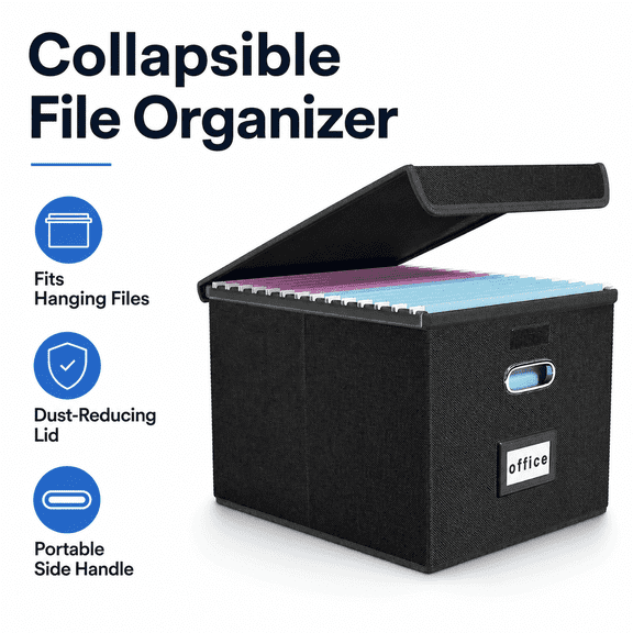 ALEXUNICON File Organizer Box with Lid, Collapsible Hanging File Folder Storage Box with PVC Slides & Handle for Letter Size Documents, Black