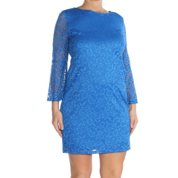 ALFANI $100 Womens New 1186 Blue Lace Bell Sleeve Jewel Neck Sheath Dress 12 B+B