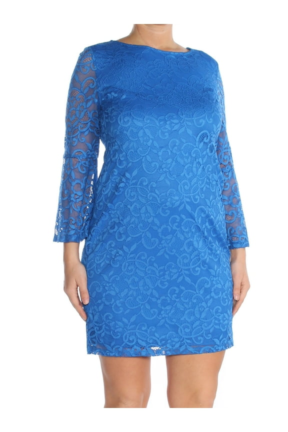 $100 Womens New 1186 Blue Lace Bell Sleeve Jewel Neck Sheath Dress 12 B+B