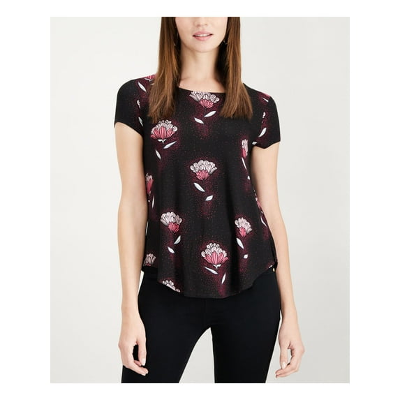ALFANI $39 Womens New 1120 Black Printed Short Sleeve Top M B+B