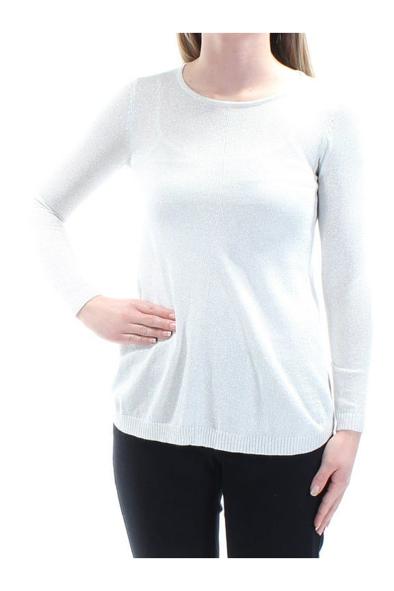 $59 Womens New 1394 Silver Metallic Jewel Neck Long Sleeve Top XS B+B