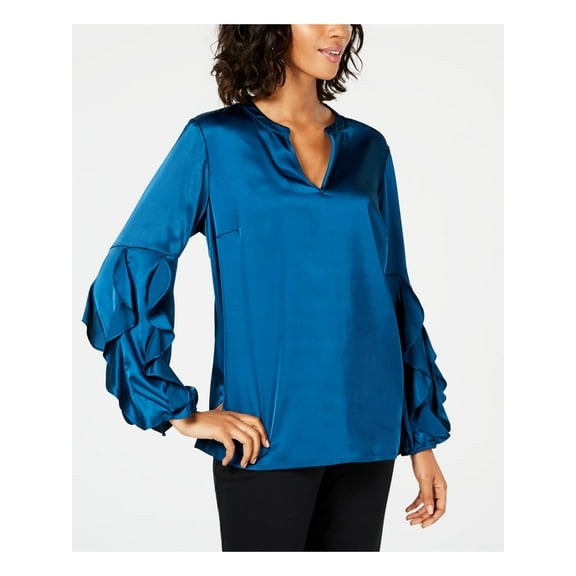 ALFANI $69 Womens New 1003 Teal Ruffle Sleeve Satin V Neck Top M B B