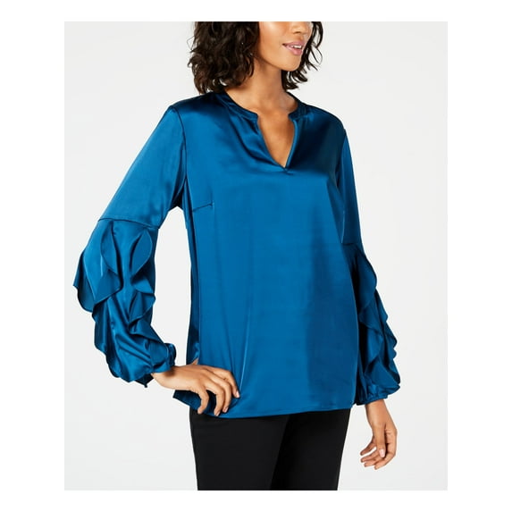 ALFANI $69 Womens New 1003 Teal Ruffle Sleeve Satin V Neck Top M B+B