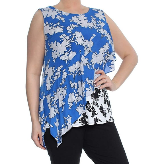 ALFANI $69 Womens New 1387 Blue Mixed-Print Asymmetrical Sleeveless Top L B+B