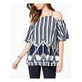 thumbnail image 1 of ALFANI $69 Womens New 1507 Navy Printed Cold Shoulder Short Sleeve Top S B+B, 1 of 1