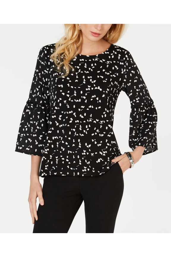$69 Womens New Black Printed Jewel Neck Bell Sleeve Hi-Lo Top M B+B