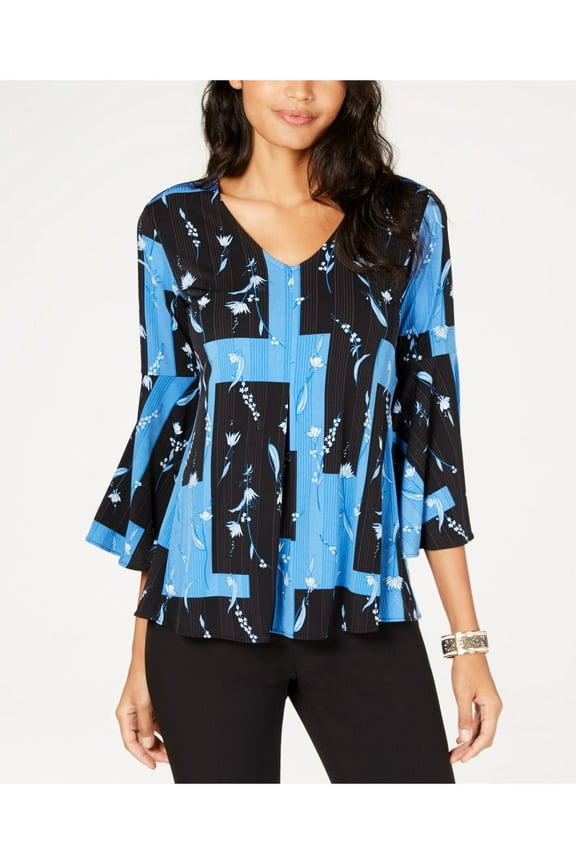 $69 Womens New Blue Floral V Neck Bell Sleeve Wear To Work Top M B+B