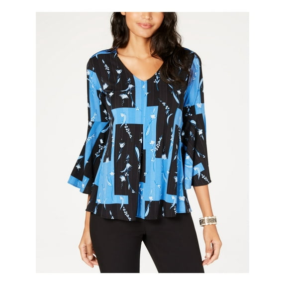 ALFANI $69 Womens New Blue Floral V Neck Bell Sleeve Wear To Work Top M B+B