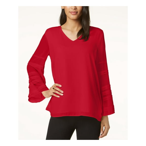 ALFANI $70 Womens New 0193 Red Bell Sleeve V Neck Blouse Casual Top S B B
