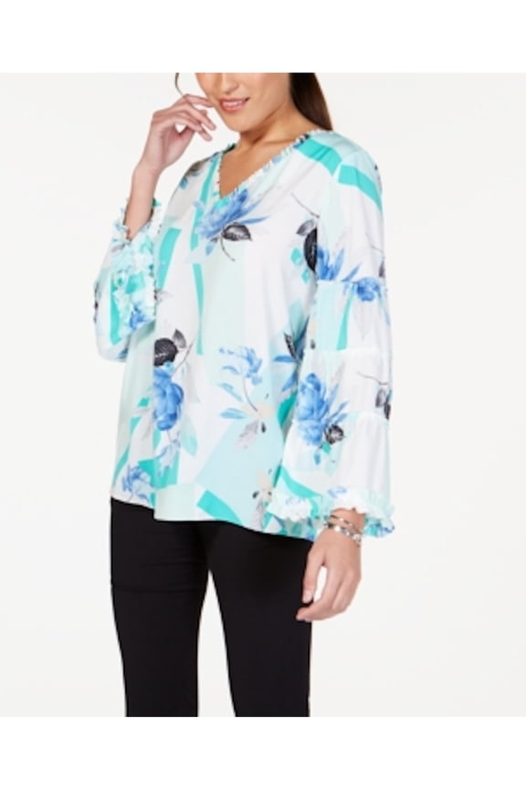 $70 Womens New 0206 Green Floral V Neck Blouse Casual Top XS B+B