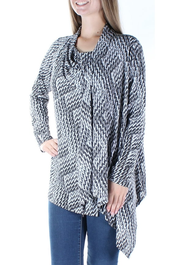 $70 Womens New 1071 Black Geometric Long Sleeve Faux Wrap Top M B+B