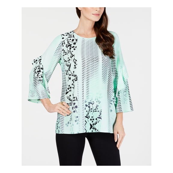 ALFANI $70 Womens New 1156 Green Printed Ruffled Sleeve Zip Back Top XL B B