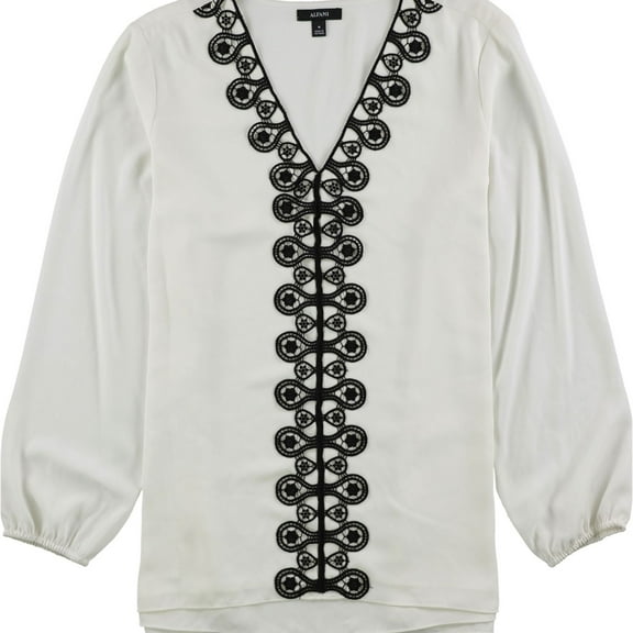 Alfani Womens Lace-Trim Tunic Blouse, White, Medium