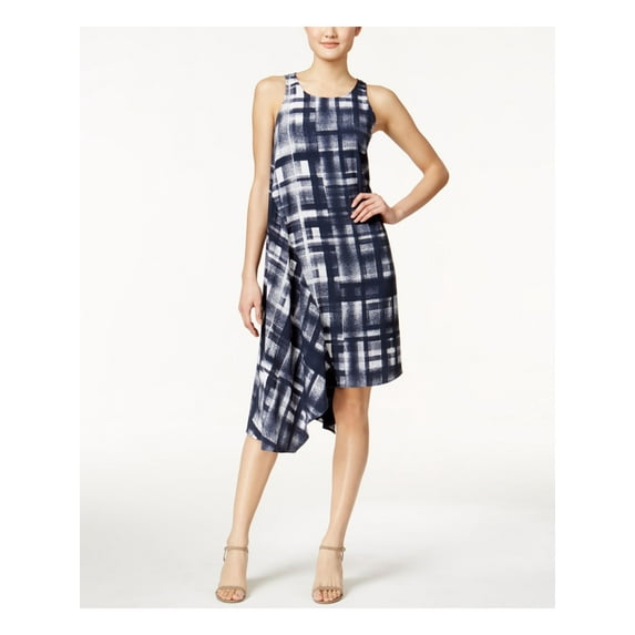 ALFANI $90 Womens New 1338 Navy Plaid Sleeveless Jewel Neck Hi-Lo Dress 8 B+B