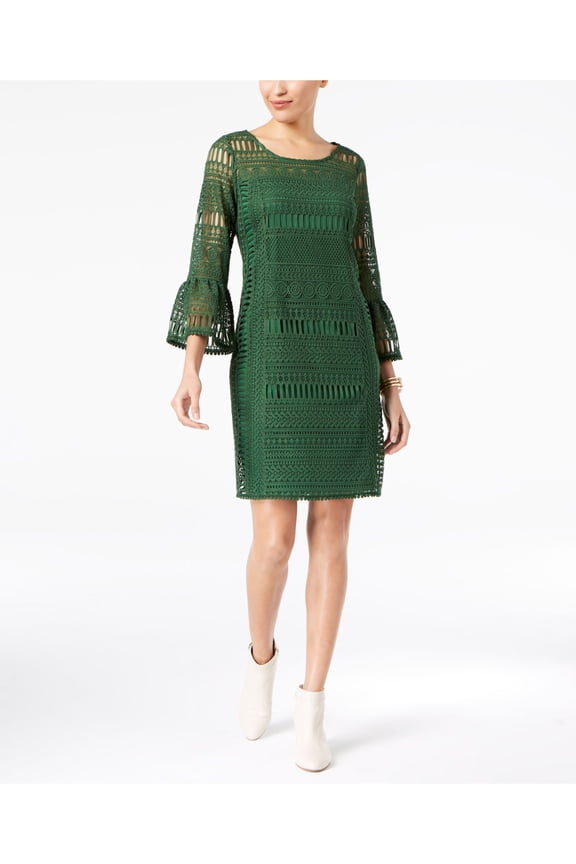Womens Green Crochet Illusion Bell Sleeve Scoop Neck Knee Length Shift Party Dress Size: 4