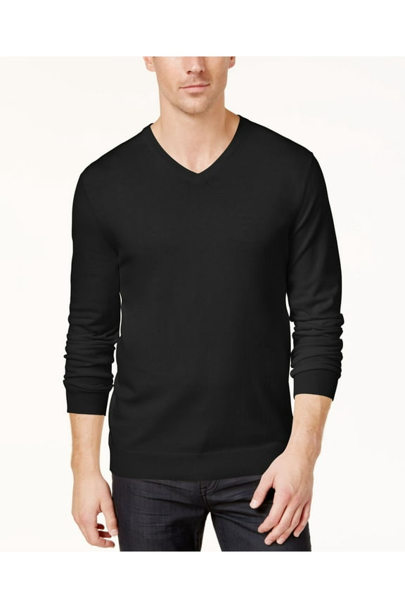 Mens Black Lightweight Heather Long Sleeve V Neck Classic Fit Cotton Blend Sweater S