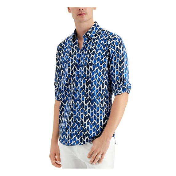 ALFANI Mens Blue Patterned Point Collar Classic Fit Stretch Shirt S