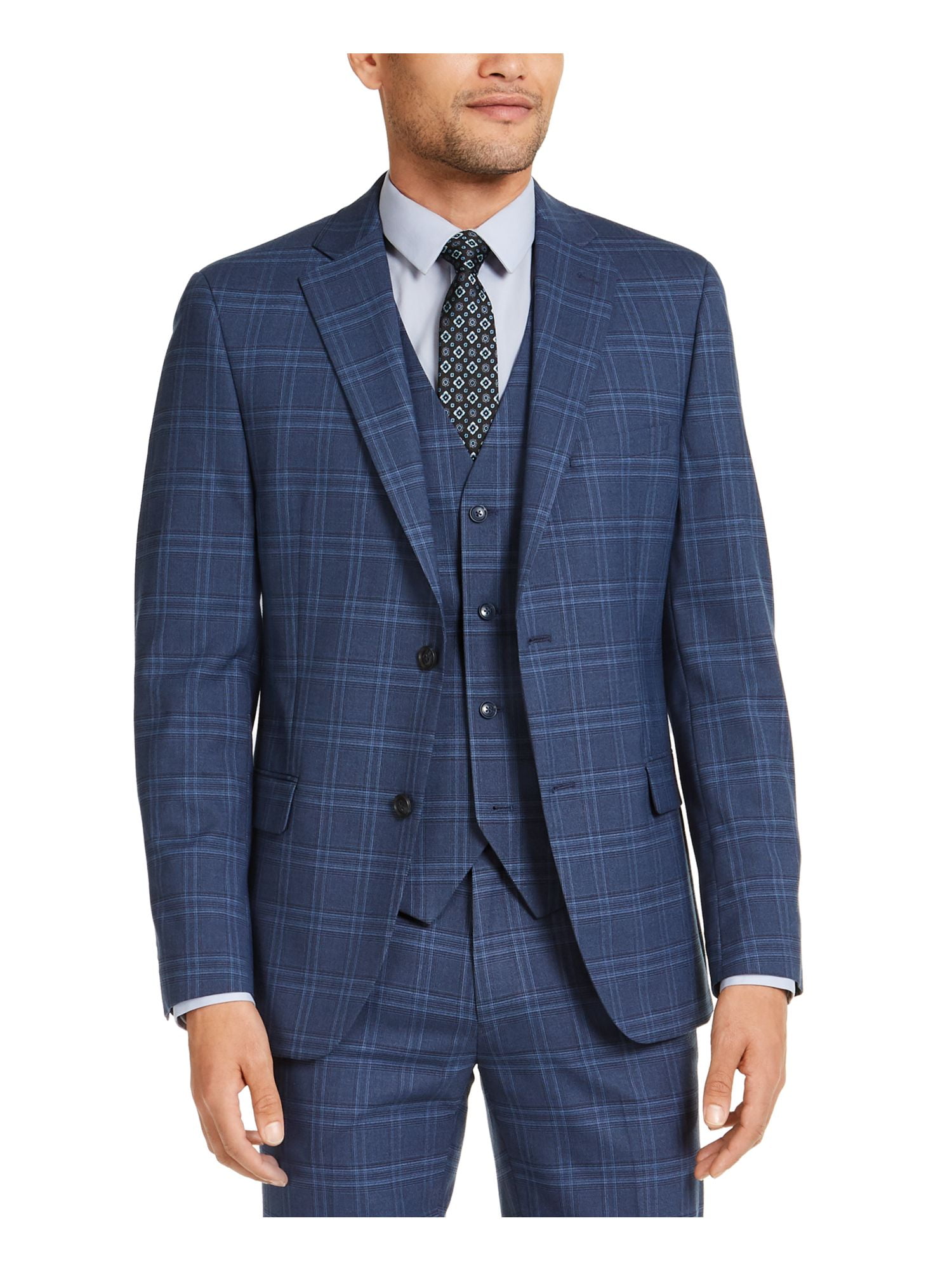 ALFANI Mens Navy Plaid Blazer Jacket 38R Walmart