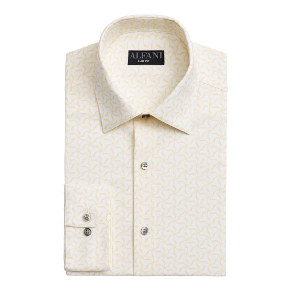 ALFANI Mens Yellow Patterned Long Sleeve Collared Slim Fit Button Down Cotton Blend Cotton Blend Shirt XL 17/17.5- 36/37