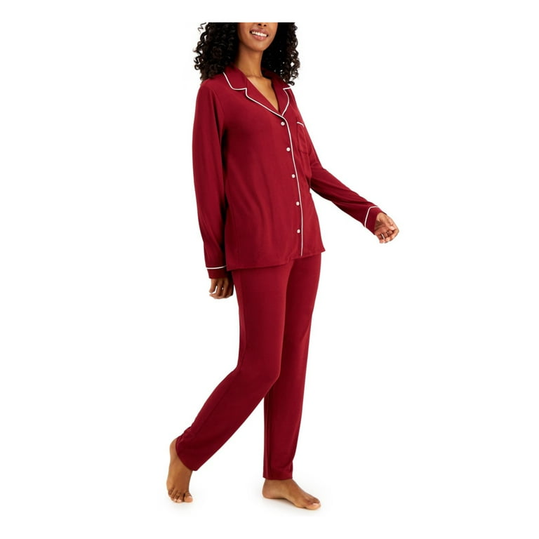 ALFANI Sets Maroon Elastic Band Solid Long Sleeve V Neck Button Up Straight leg Everyday Size S