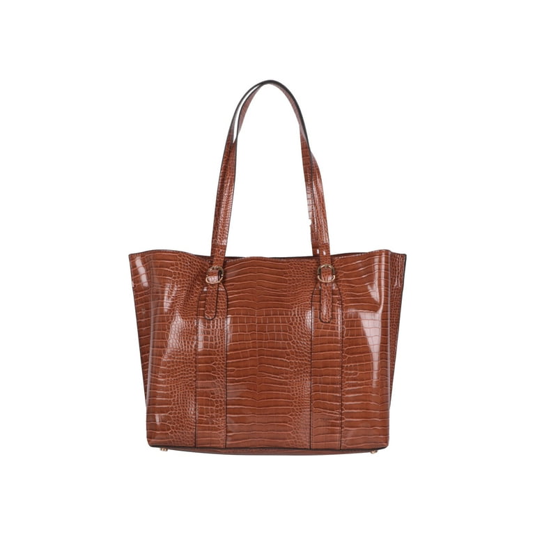 ALFANI Women's Brown Crocodile Print PVC Faux Leather Zippered Adjustable  Straps Double Flat Strap Tote Handbag Purse 