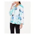 thumbnail image 1 of ALFANI Womens Aqua Floral Bell Sleeve V Neck Blouse Size: L, 1 of 2