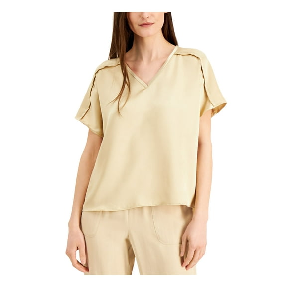 ALFANI Womens Beige Seamed-sleeve Short Sleeve V Neck Top L