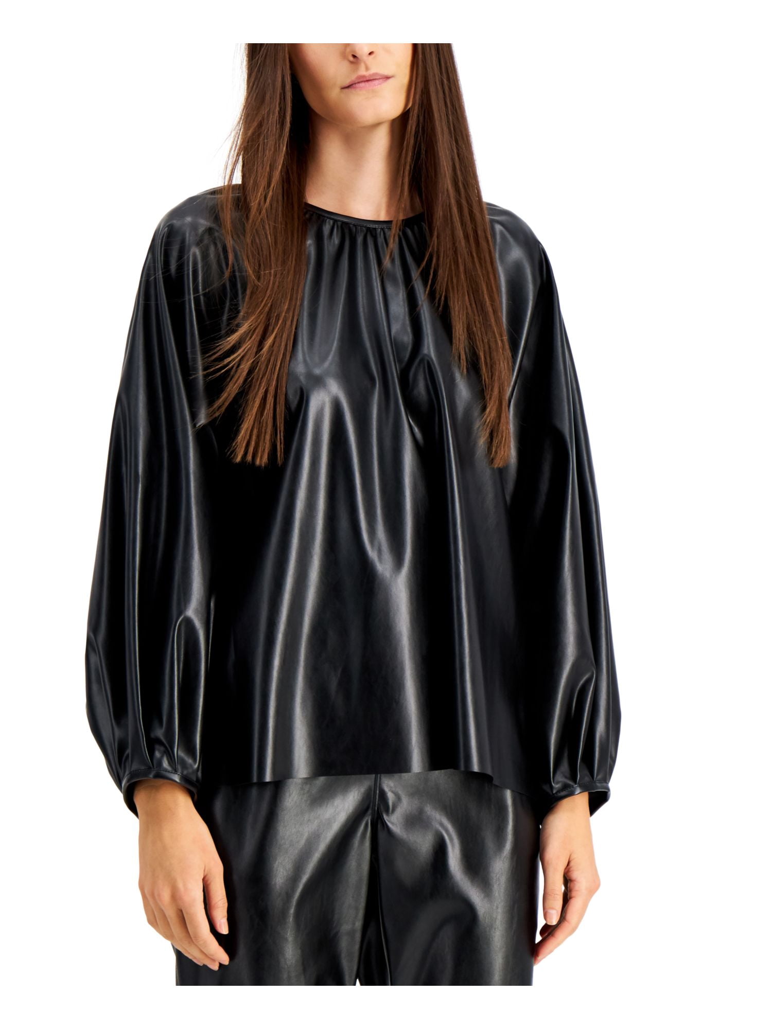 ALFANI Womens Black Faux Leather Shirred Long Sleeve Crew Neck Top 