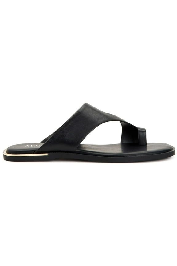 Womens Black Metallic Accent Toe-Loop Asymmetrical Comfort Freddee Square Toe Slip On Sandals 7.5 M