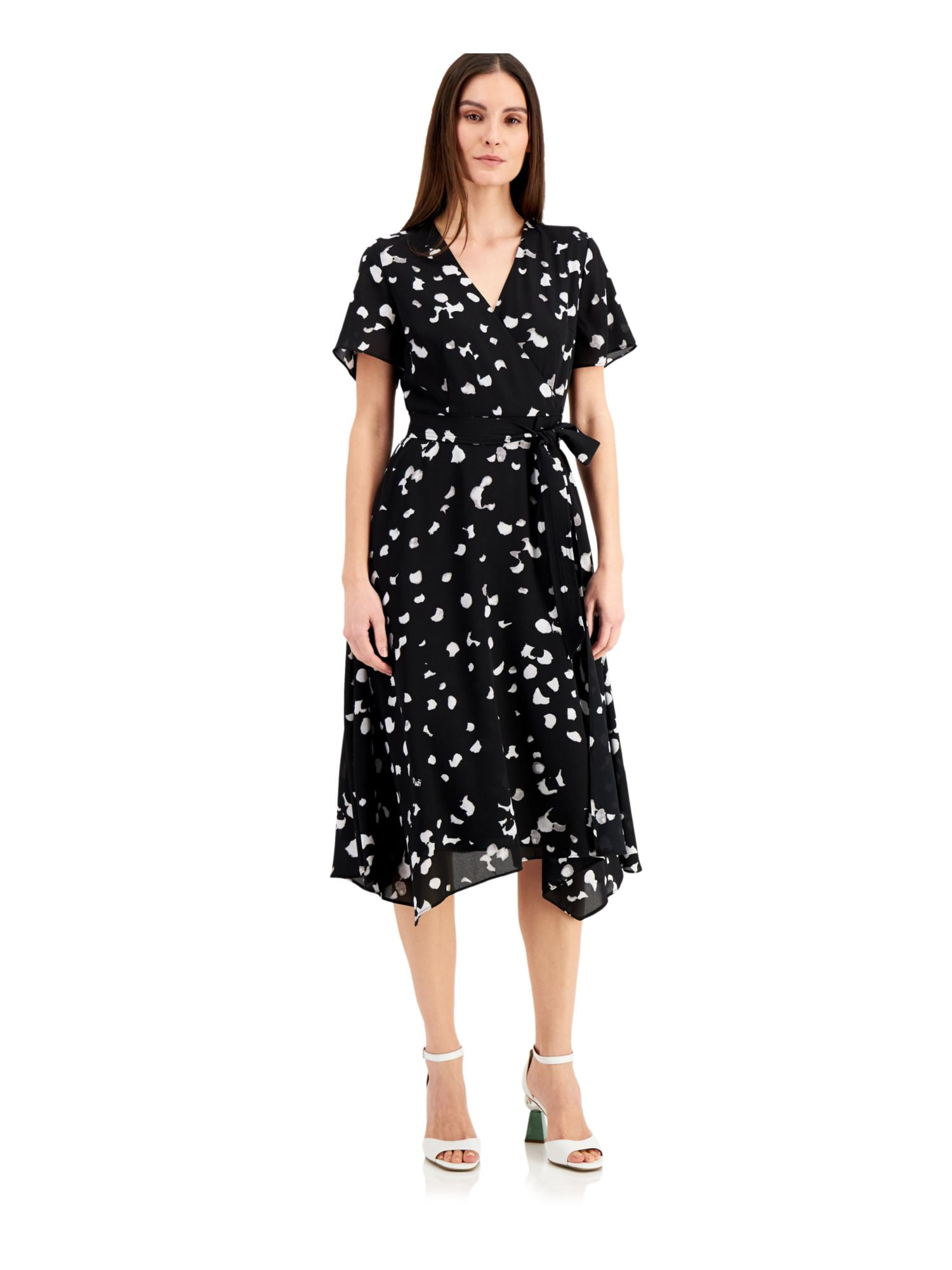 ALFANI Womens Black Polka Dot Midi Wrap Dress 8