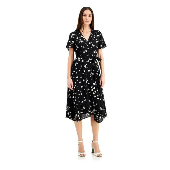 ALFANI Womens Black Polka Dot Midi Wrap Dress Size: 16