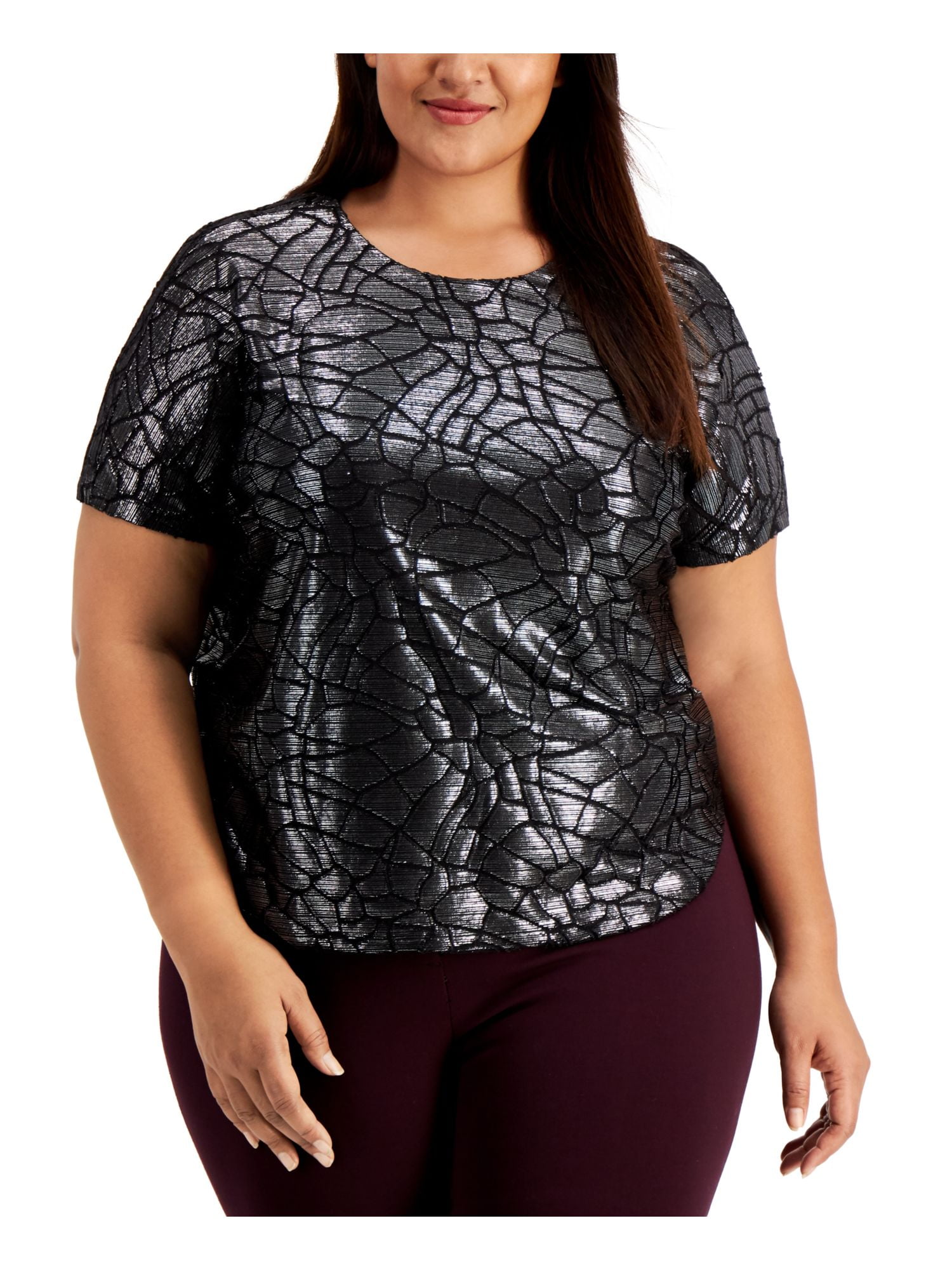 Alfani Womens Printed Velvet Asymmetrical Top Black Size Small main image 1