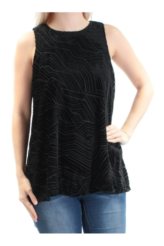 Womens Black Velvet Geometric Sleeveless Jewel Neck Vest Top Size: 11