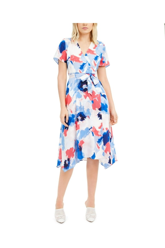 Womens Blue Belted Sheer Asymmetrical Hem Lined Printed Short Sleeve Surplice Neckline Midi Evening Wrap Dress Petites 10P