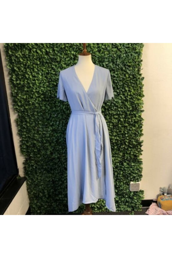 Womens Blue Belted Sheer Wrap Short Sleeve V Neck Below The Knee Fit + Flare Dress 16