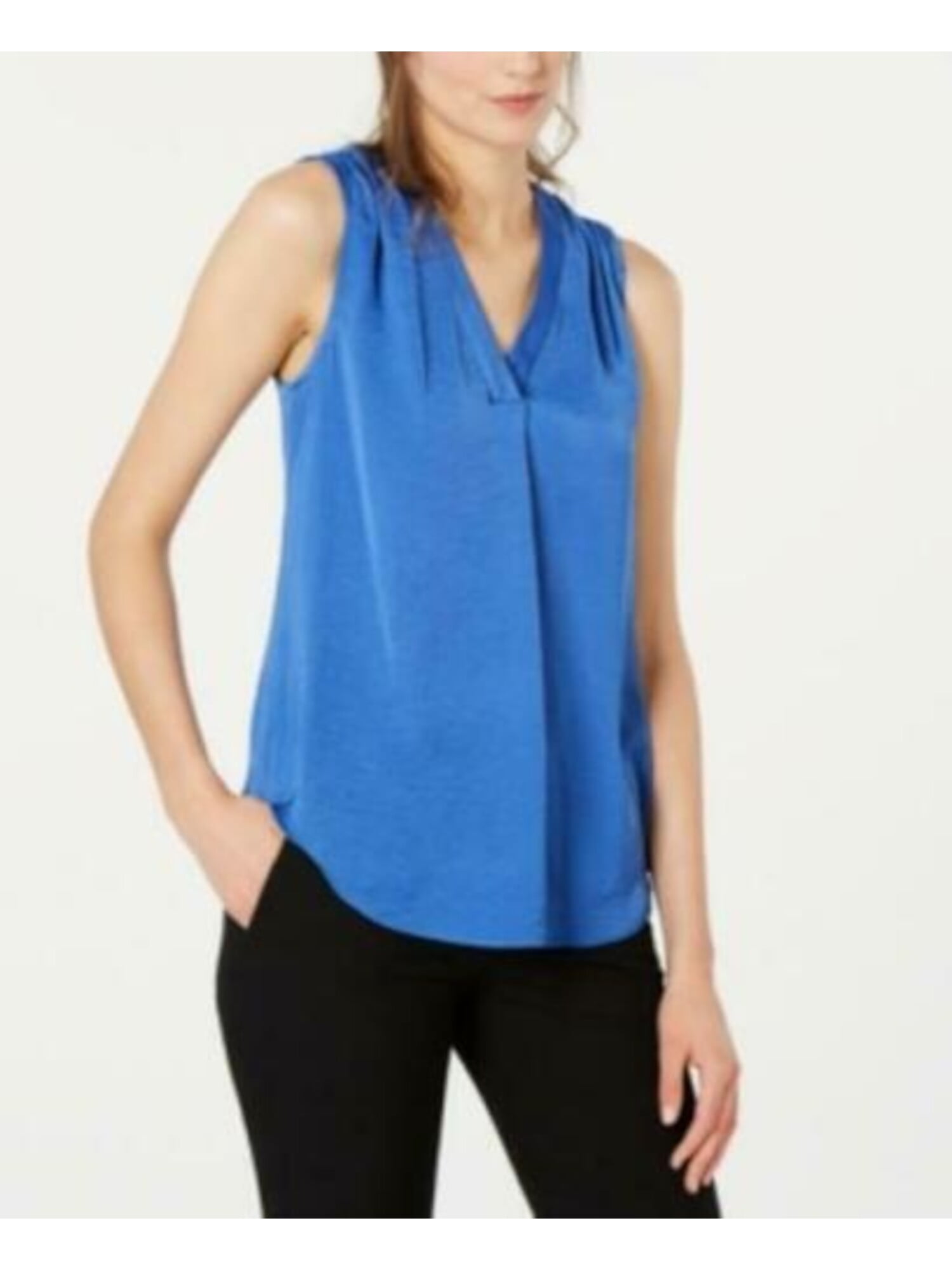 ALFANI Womens Blue Pleated Satin Sleeveless V Neck Tank Top Size S