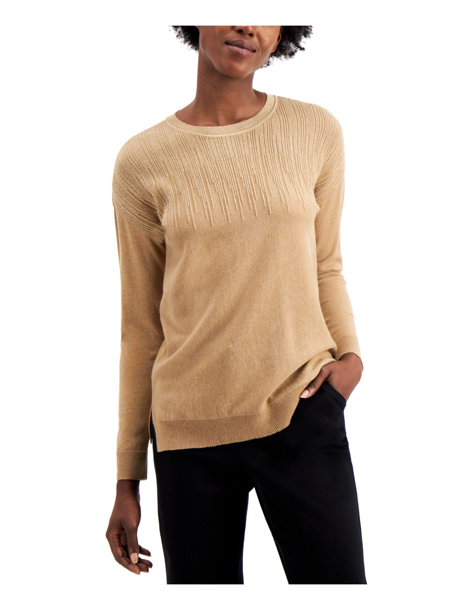 ALFANI Womens Brown Pinstripe Long Sleeve Crew Neck Sweater M