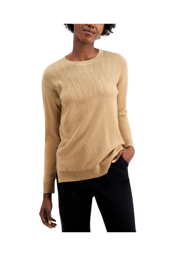 Womens Brown Pinstripe Long Sleeve Crew Neck Sweater M