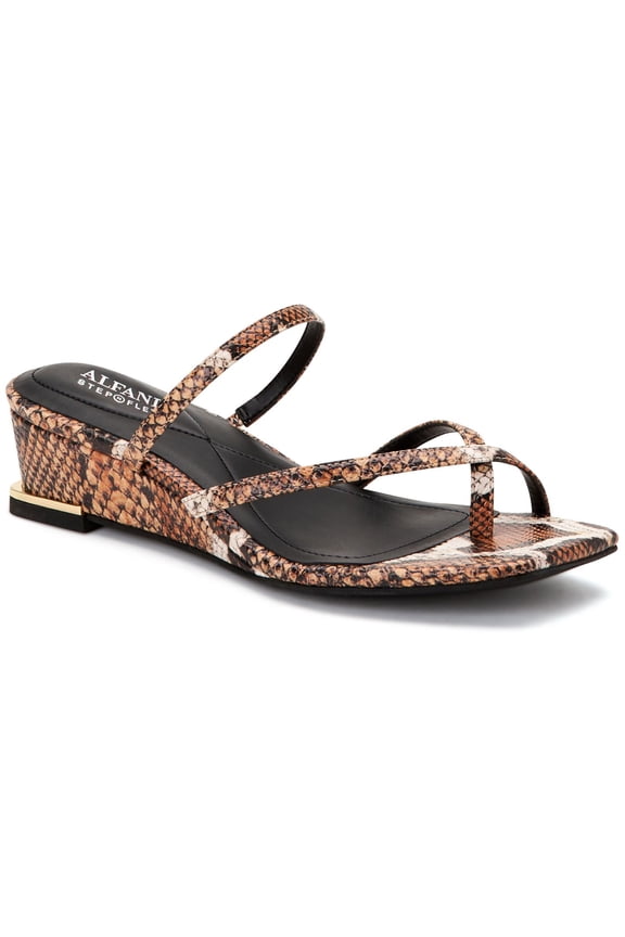 Womens Brown Snake Print Toe Loop Asymmetrical Strappy Padded Eadyn Square Toe Wedge Slip On Slide Sandals Shoes 6 M