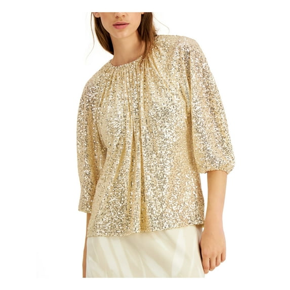 ALFANI Womens Gold Sequined Ruched 3/4 Sleeve Scoop Neck Party Peasant Top XL