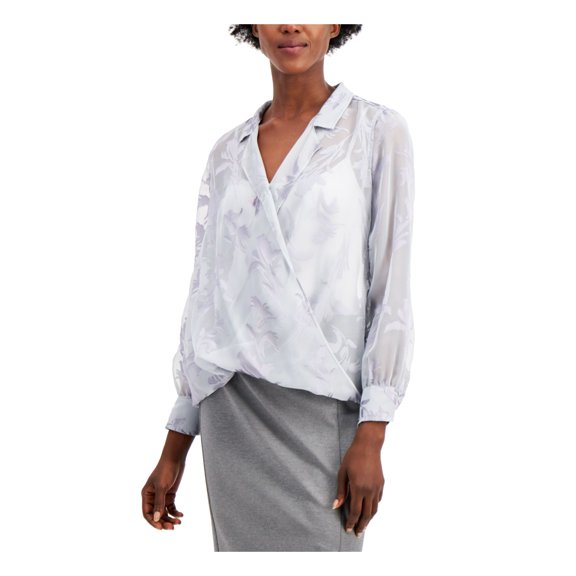 ALFANI Womens Gray Floral Long Sleeve V Neck Blouse Size: XL