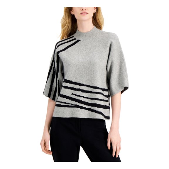 ALFANI Womens Gray Mock Neck Striped Kimono Sleeve Crop Top Sweater Size: S